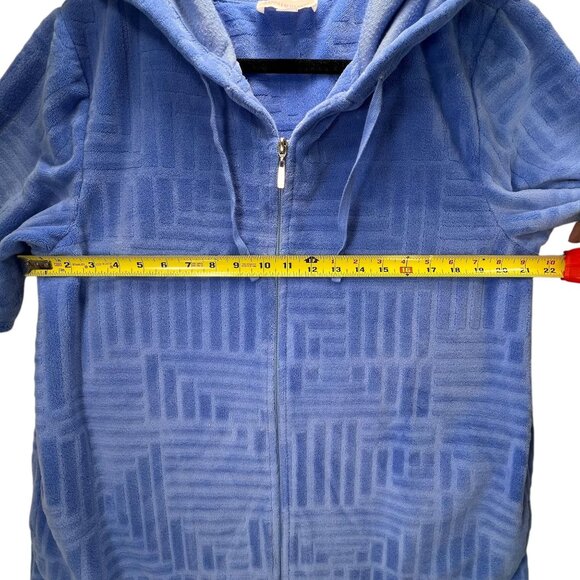 Stan Herman Womens Hooded Full Zip Bath Robe PL Blue Plush Pockets Short Sleeve - Picture 11 of 11
